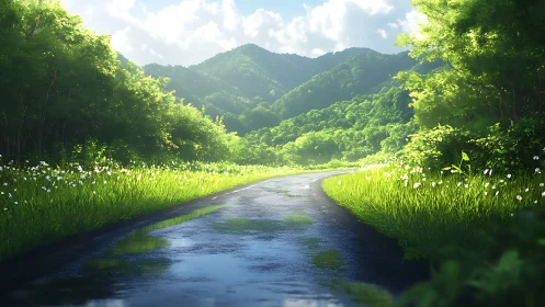 Sunlit mountain road curves through lush green valley calm