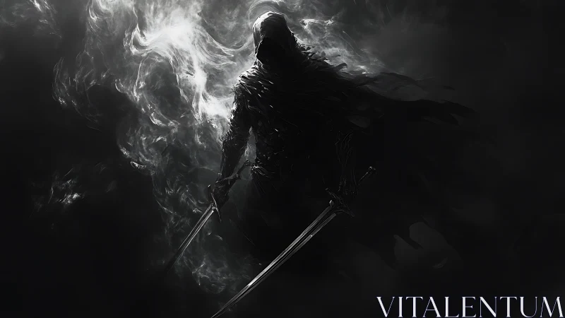 Silhouetted dual‑sword wraith emerges from volumetric smoke field