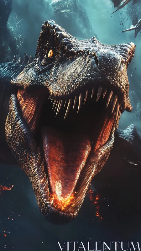 Fire-breathing dinosaur roars through stormy primal ocean.