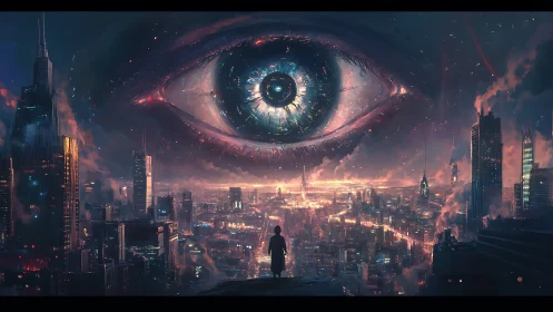 Gigantic cybernetic eye surveils neon-drenched dystopian cityscape