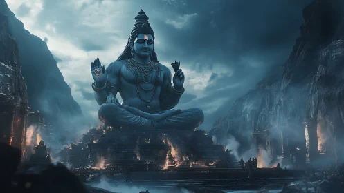 Colossal blue Shiva statue dominates mist-laden mountain temple complex