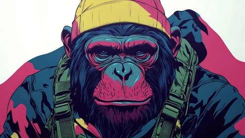 Vector-rendered tactical chimp portrait with neon camo palette.