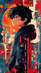 Profile portrait of anime boy amid geometric glitch abstractions