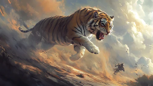 Sky-borne thunder tiger lunges through storming dust fields.