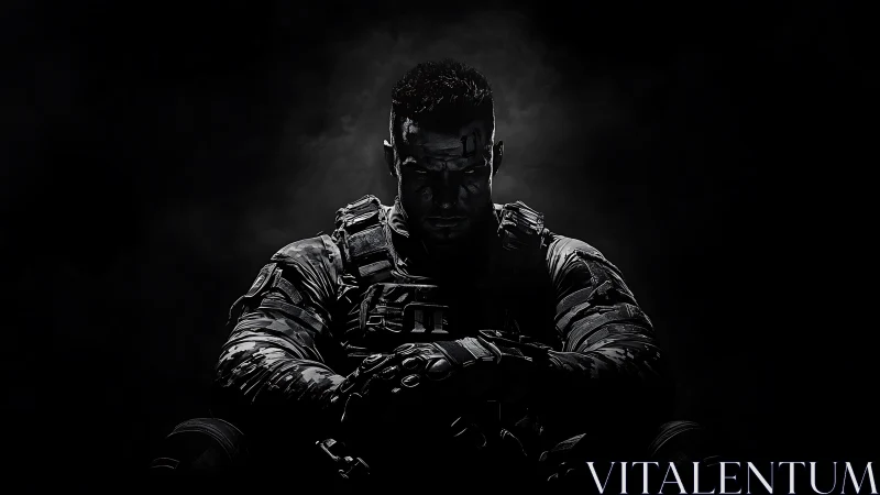 Brooding cyber soldier waits in the shadows before war