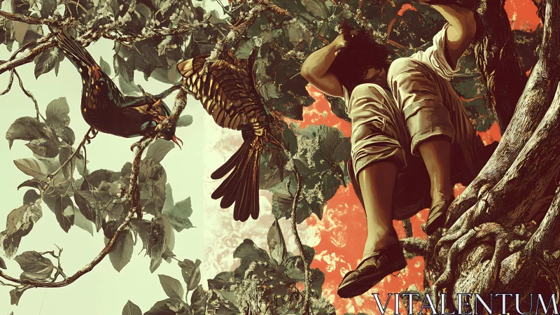 Tree-dream acrobat with bronze birds in split-sky jungle.