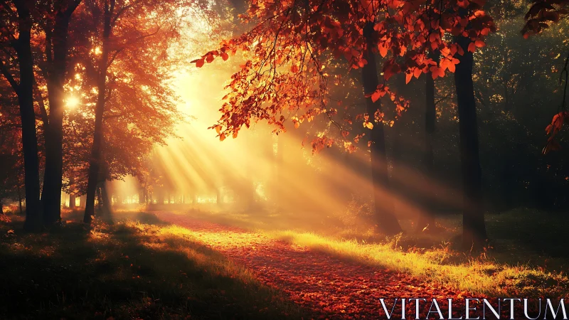 Low-angle autumn woodland illuminated by volumetric sunrise beams