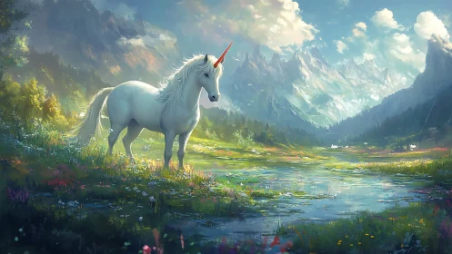 White unicorn stands by reflective pond in mountain valley