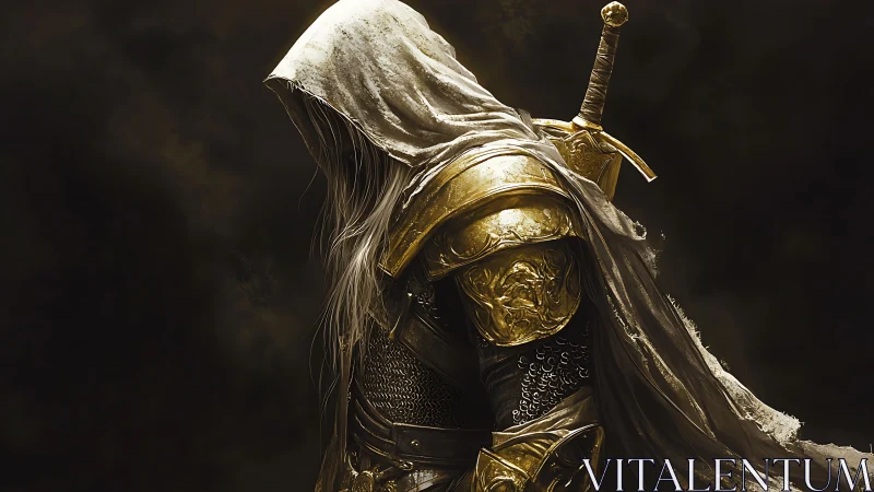 Hooded golden paladin drifting through ember-tinted gloom.