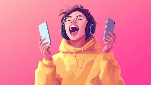 Joyful music lover sings out loud with phones in hand