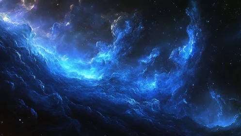 Blue interstellar nebula cloud with dense luminous gas field.