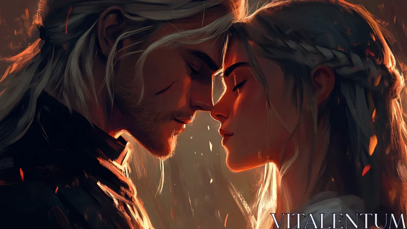 Two figures in golden firelight sharing intimate moment face to face