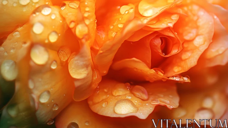 Morning dew hugs a glowing orange rose in soft closeup