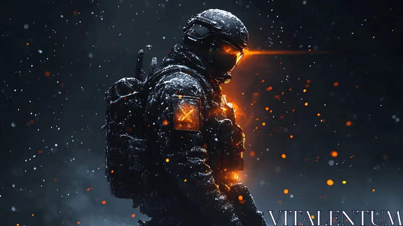 Armored soldier burns through snowstorm with molten glare.
