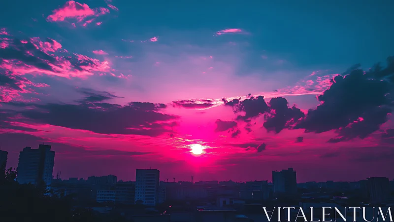 Neon magenta urban sunset over silhouetted city skyline