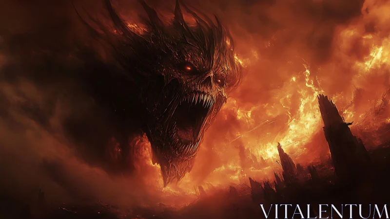 Fiery sky titan rising over a shattered burning world.