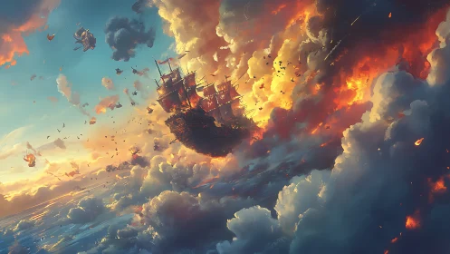 Sailing vessel suspended in fiery cloudscape environment.