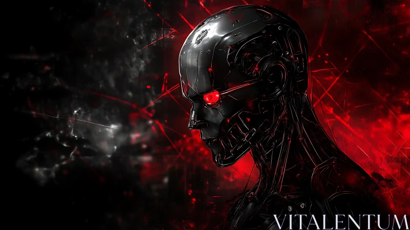 Cybernetic skull glows in crimson haze of a hostile future