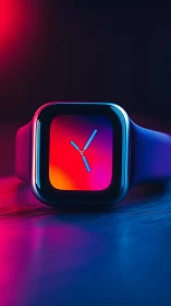 Smartwatch glows under neon gradients on reflective surface.