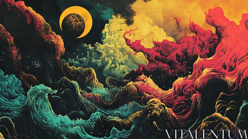 Surreal cosmic seascape under fractured eclipse moon.