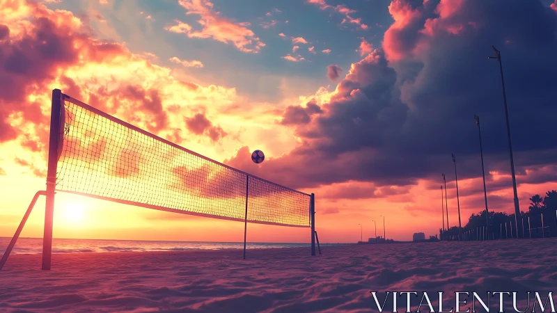 Sunlit beach volleyball net aligns with horizon at sunset