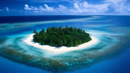 Tropical island atoll with white sand beach surrounded by turquoise ocean.