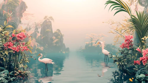 Egrets stand in misty floral lagoon under soft atmospheric light