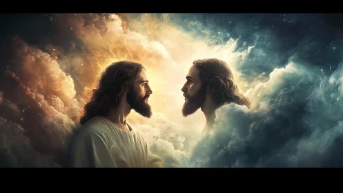 Mirrored bearded figures confront within luminous celestial clouds
