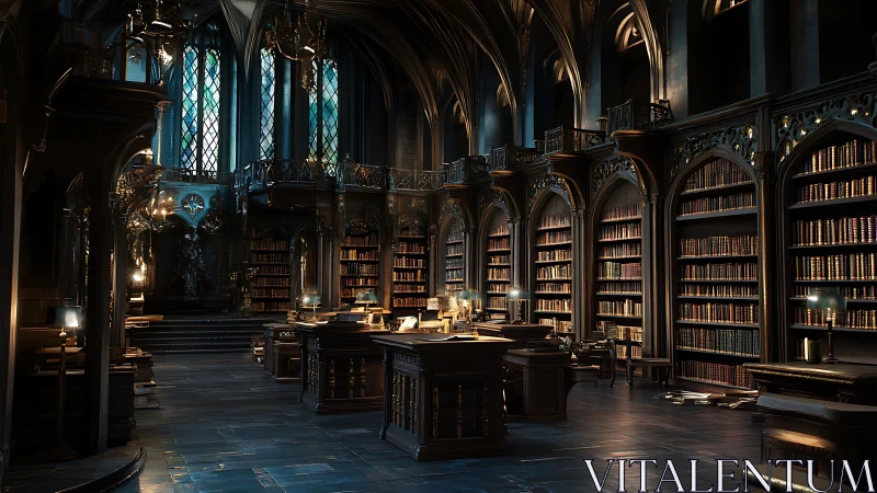 Gothic vaulted library interior with warm cinematic lighting.