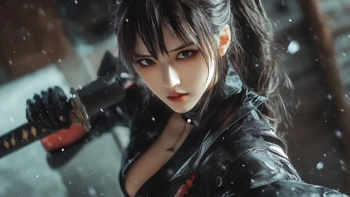 Dark haired female swordswoman in black coat under snow.