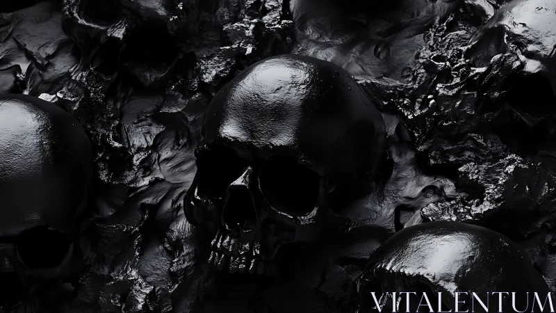 Glossy black skulls emerge from viscous molten darkness.