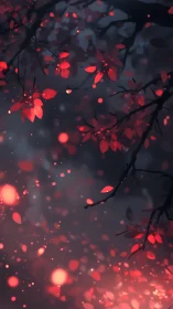 Crimson leaves glow against misty midnight forest canopy.