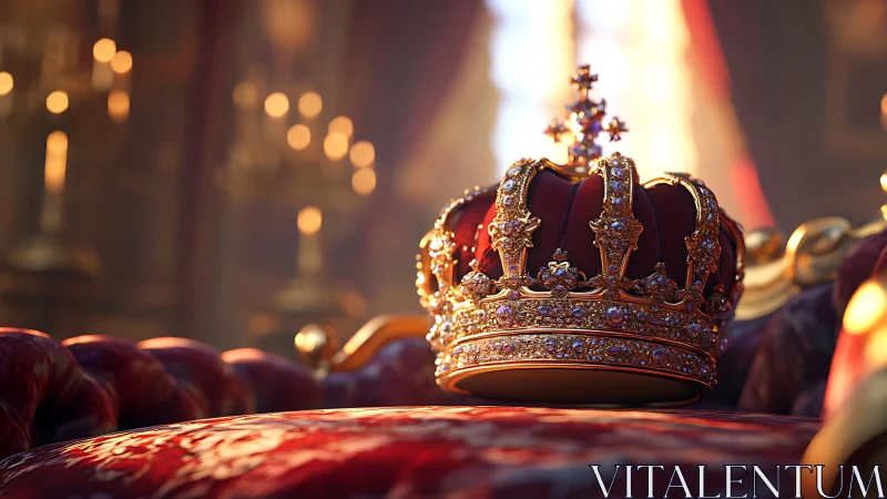 Regal jeweled crown on red velvet throne in palace room.