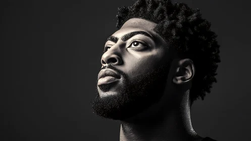 Monochrome profile portrait of bearded man in side light.