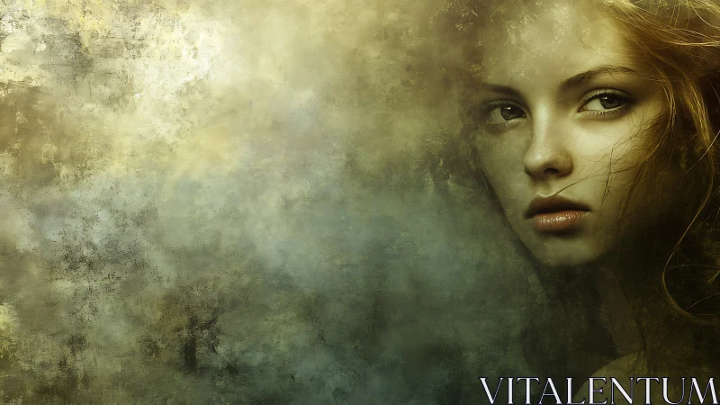 Female face emerges from textured, diffuse abstract background