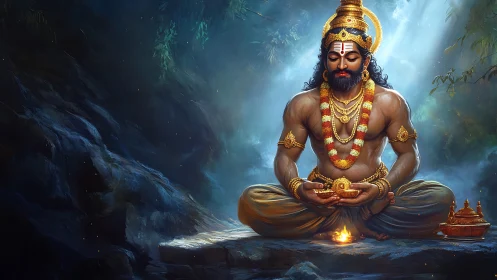 Meditating crowned figure holding lamp in glowing forest