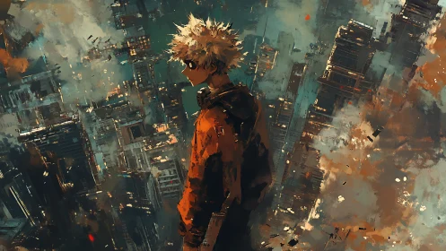 Solitary anime figure over abstract collapsing cityscape.