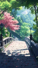 Sunlit stone bridge under spring blossoms and deep greens.