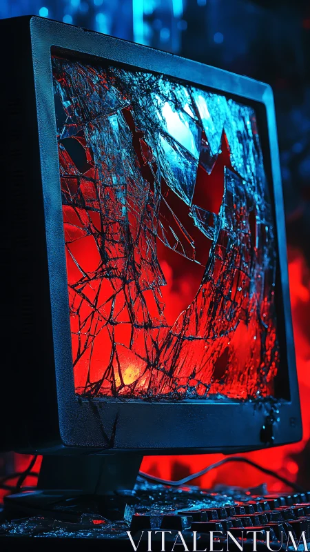 Broken CRT monitor screen illuminated by red backlight