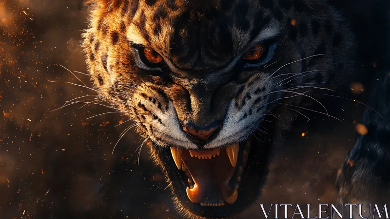 Snarling Leopard with Emissive Fire Particles.