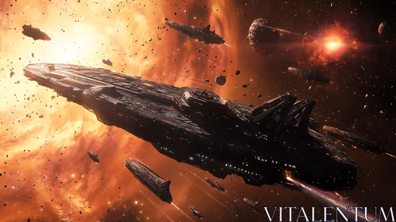 Capital warship flotilla transits dense asteroid field near star