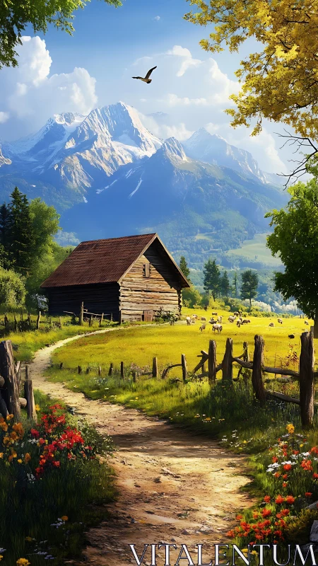 Mountain valley path with rustic barn and grazing sheep.
