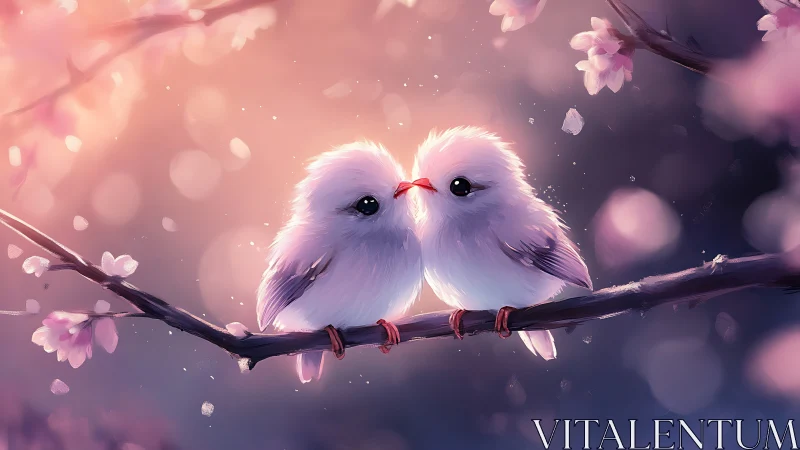 Two Fluffy Birds Perched on Branch. Romantic Fantasy.