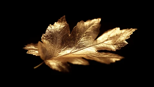 Golden maple leaf shines against deep black background.