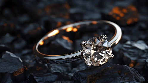 Solitaire diamond ring rendered on dark textured stones