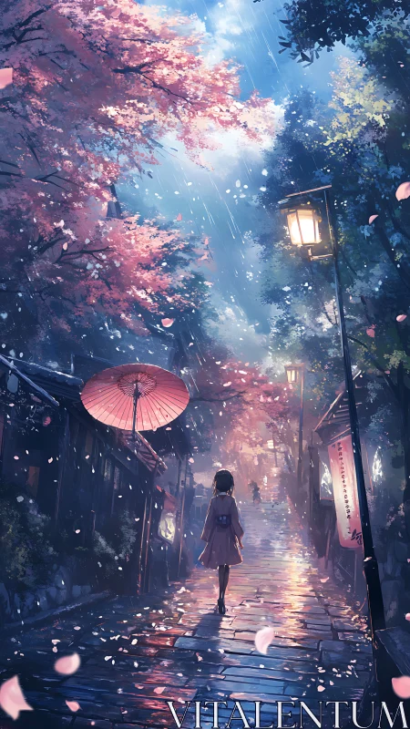 Rainy cherry blossom street glows in soft lantern light.