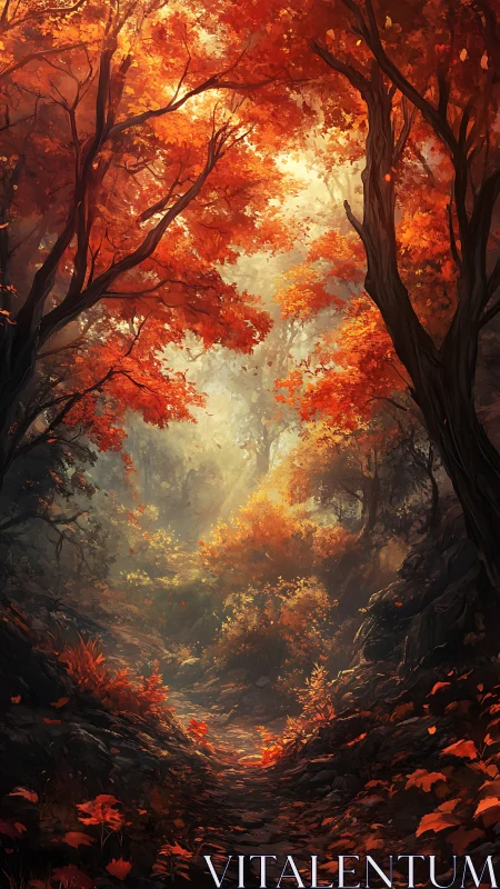Forest canopy rendered with saturated warm tones and atmospheric light penetration.
