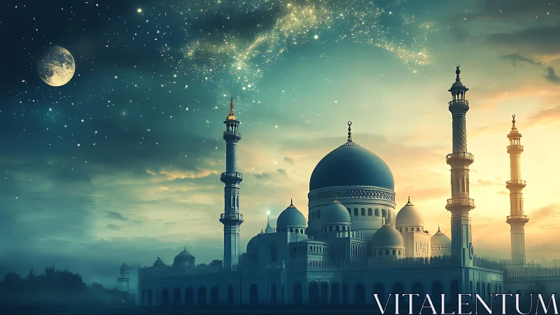Celestial mosque skyline under luminous crescent nightscape.
