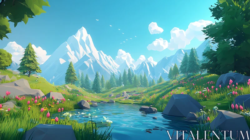 Stylized mountain valley landscape with river and flowers.