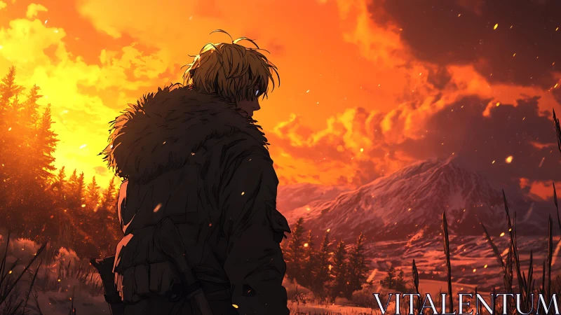 Solitary winter figure before distant mountain at sunset.